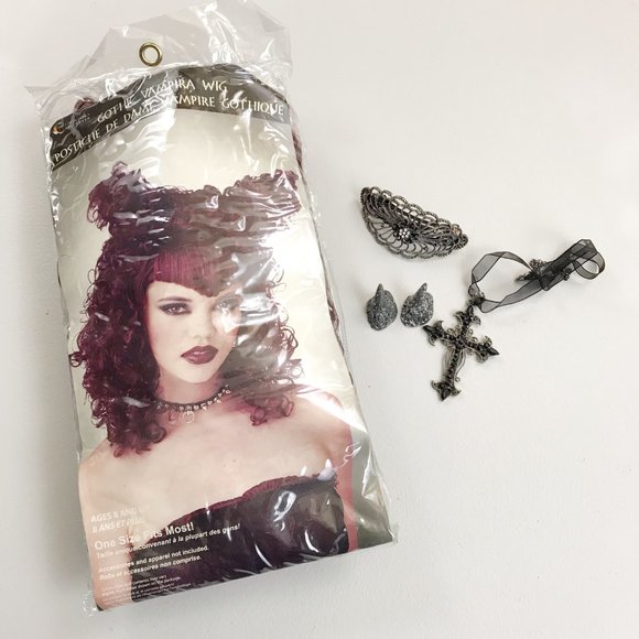 MARIO CHIDO STUDIOS Gothic Vampira Wig OS Burgundy w/Extras Halloween Costume